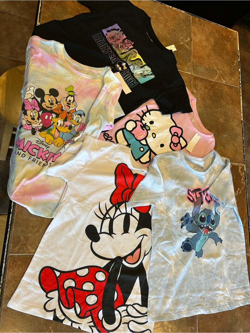 LOT of 5 shirts NWT Hello Kitty & Disney Pink, Black, White, Pastel Tie-Dye 7/8